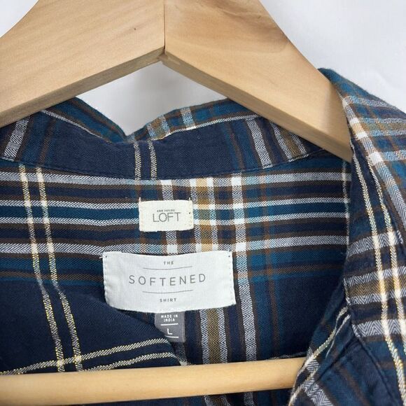 Loft Softened Top Size Large Women Navy Brown Plaid Long Sleeve Popover Shirt - Picture 3 of 7